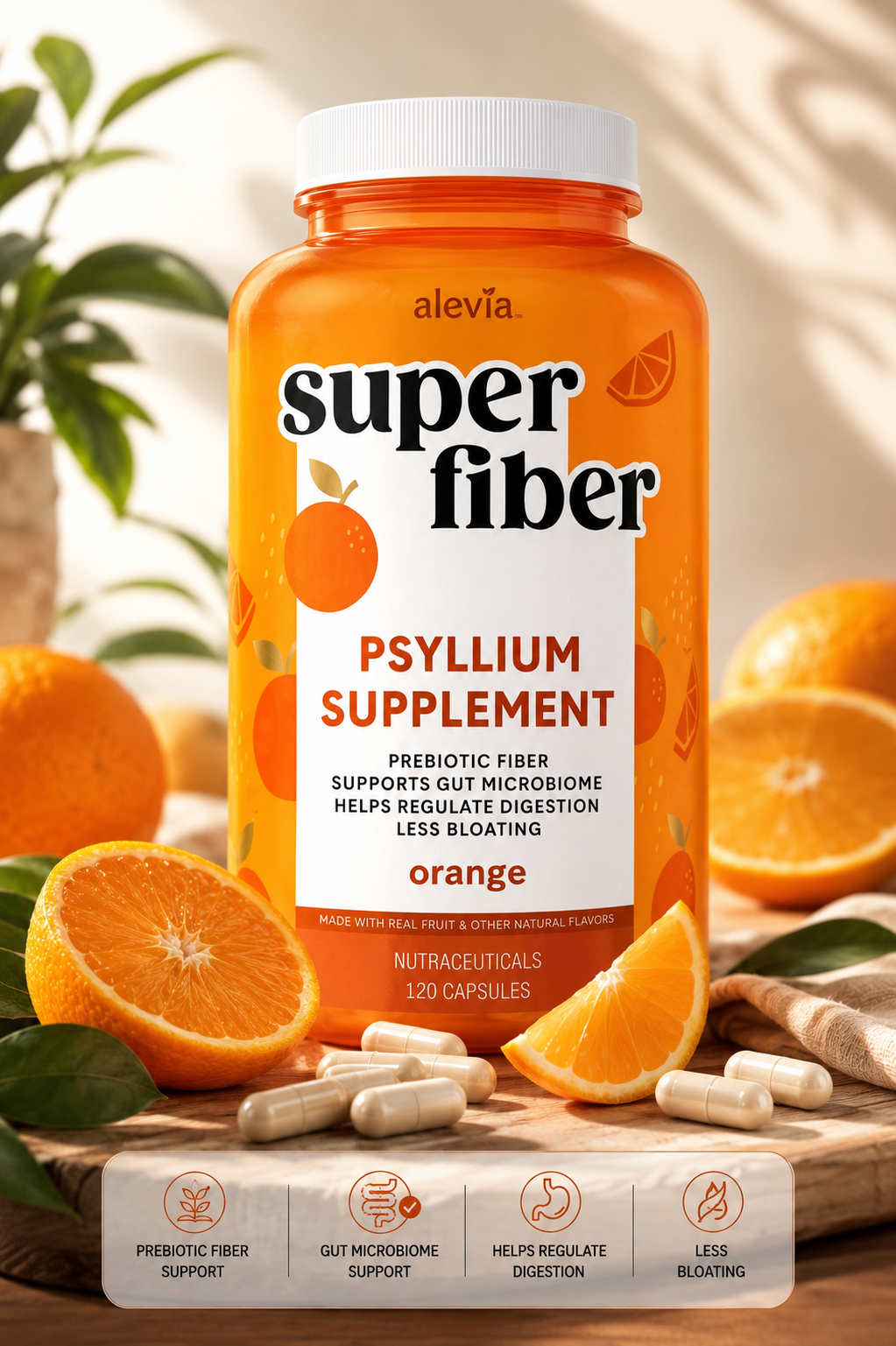 Alevia Super Fiber Orange vegetarian fiber capsules bottle, 120 capsules